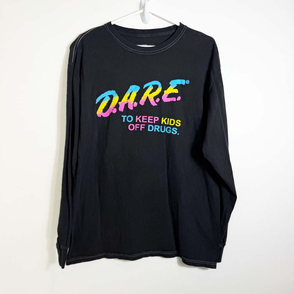 D.A.R.E. Long Sleeve Shirt Mens Medium Black Neon Graphic Contrast Philcos